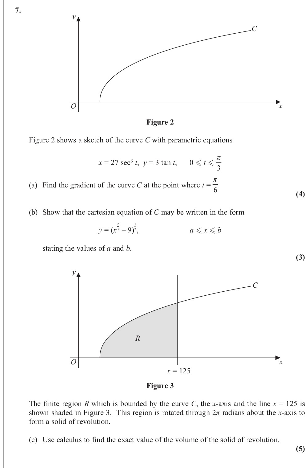 Figure-2-shows-a-sketch-of-the-curve-C-with-parametric-equations--$x-=-27-\sec-t$,-$y-=-3-\tan-t$,--$0-\leq-t-\leq-\frac{\pi}{3}$--(a)-Find-the-gradient-of-the-curve-C-at-the-point-where-$t-=-\frac{\pi}{6}$-Edexcel-A-Level Maths Pure-Question 12-2013-Paper 1.png